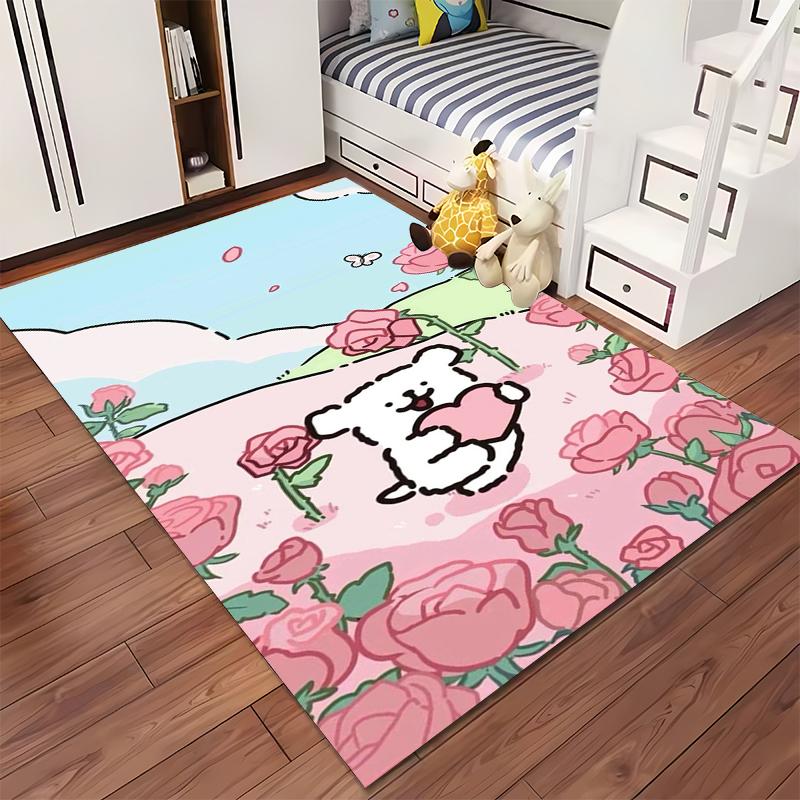 Cartoon Bear with Heart and Pink Roses Pastel Color Carpet Decor Suitable for Use As an Anti-slip for Living Room Bedroom Sofas