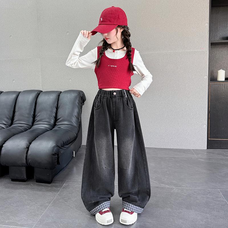 

Girls Plaid Wide-Leg Jeans - Fall 2025 Collection for Children 130 cm