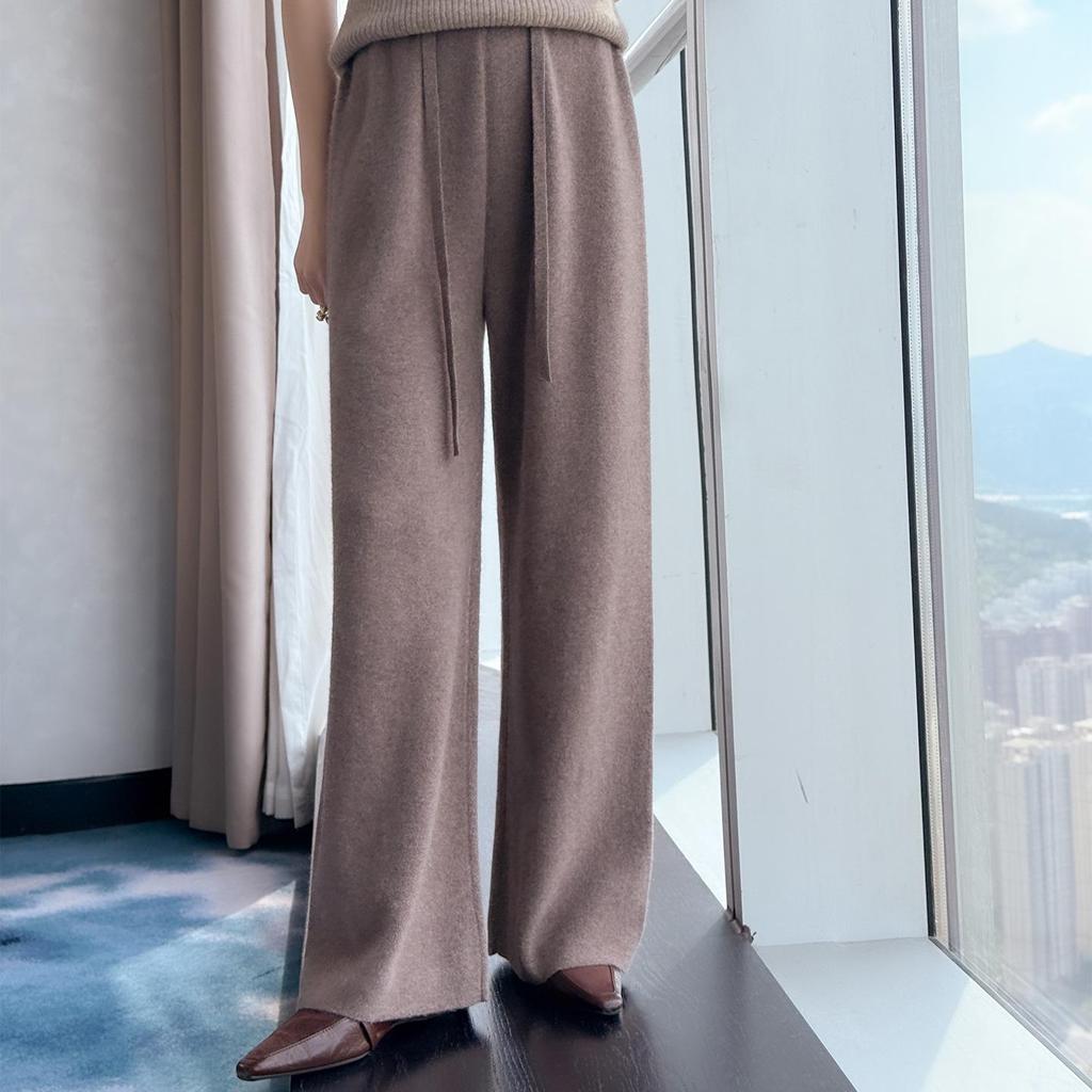 Women's Thickened Wool Knit High-Waisted Wide-Leg Floor-Length Pants for Autumn/Winter