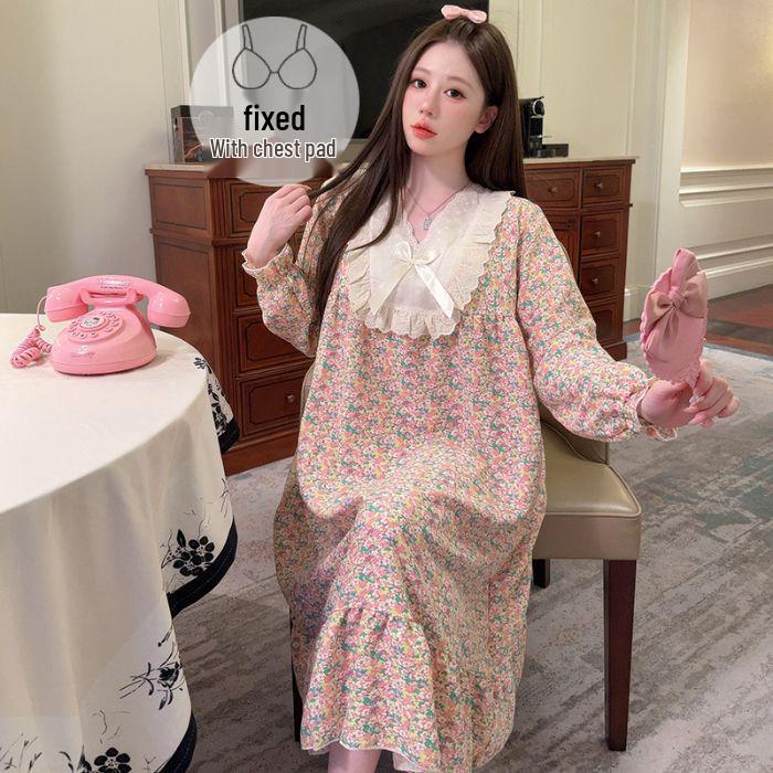Retro-Blumen-Baumwoll-Nachthemd mit langen Ärmeln & Brustpolstern, Übergröße 220 Jin - Bequem für Frühling & Herbst