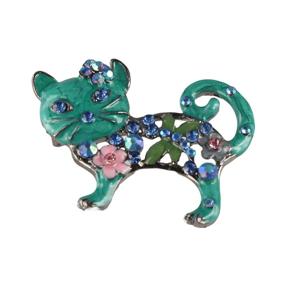 Cute Cat Enamel Pin Green Eyes Rhinestone Brooch Exquisite Cat Kitty Badge  Gift