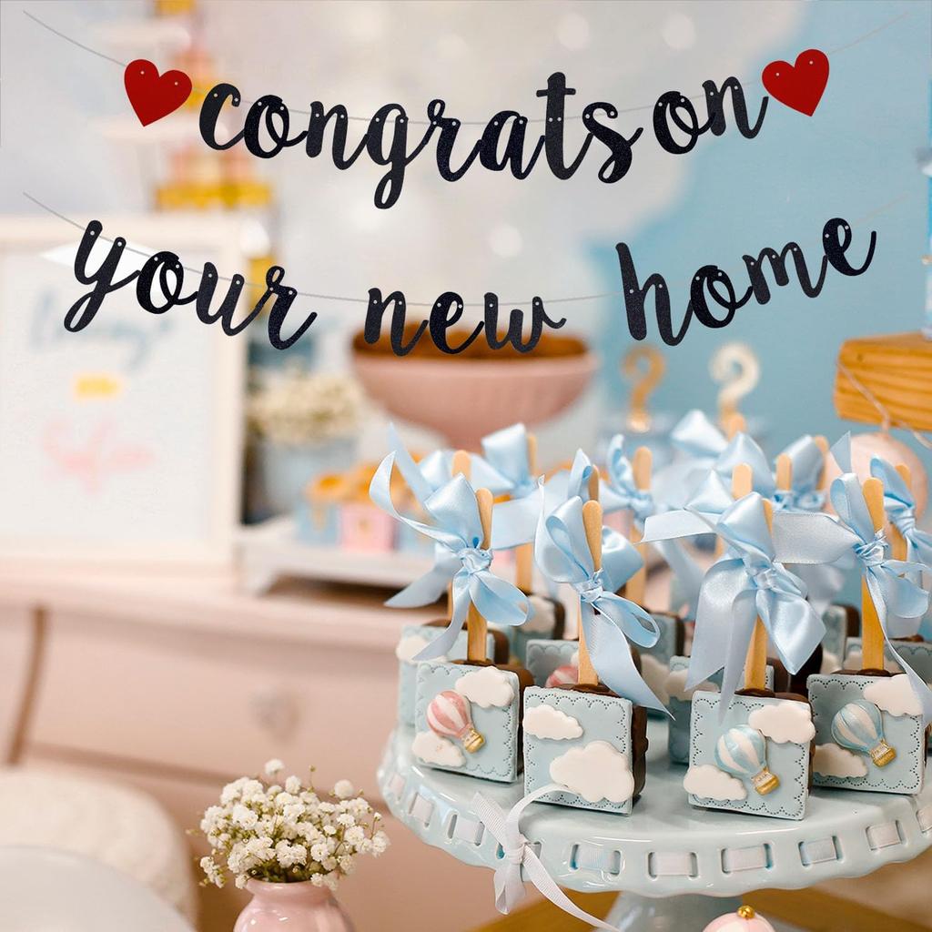 New Home New Chapter Banner, Pre-strung Congrats On Your New Home Banner, Black Glitter Housewarming Party Decorations, Home Decor