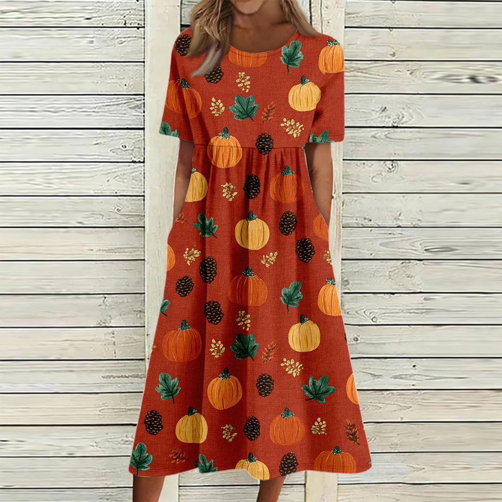 Women's Casual Halloween Print Patchwork Dress Short Sleeve Round Neck Pocket Midi Dress Loose Fit Comfortable Everyday Wear