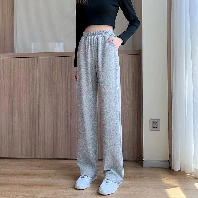

Women s Casual Grey High-Waist Korean Style Sweatpants - Straight Wide-Leg for Spring & Autumn 3XL