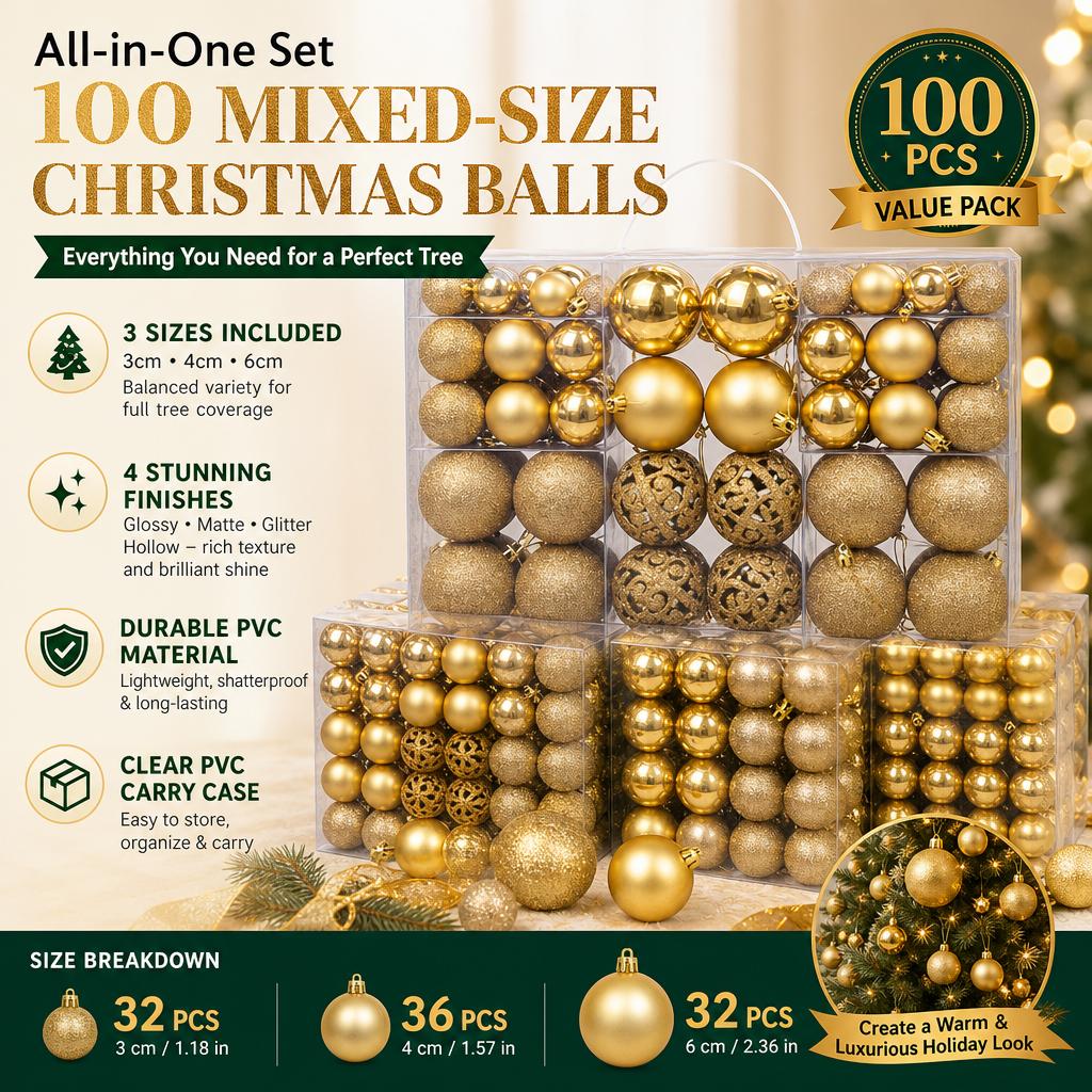 PVC Christmas Ornament Ball Set, 100pcs, Mixed Sizes