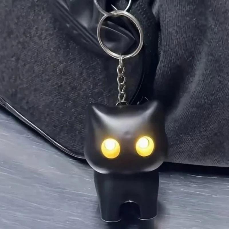 Funny Creative Cute Cats Japanese Cartoon Led Eyes Glowing Black Cat Keyring Night Light Emitting Sound Keychain Bag Accessories
