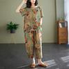 2025 Summer Cotton Linen Floral T-shirt & Harem Pants Set for Women
