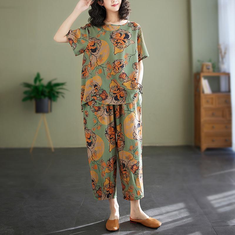 2025 Summer Cotton Linen Floral T-shirt & Harem Pants Set for Women