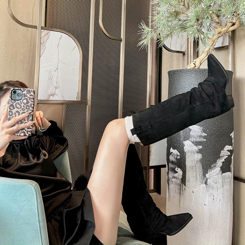 Super Fire Boots Women's Thick Heel Pants Boots But Knee Brown Maillard Western Cowboy Knight Boots