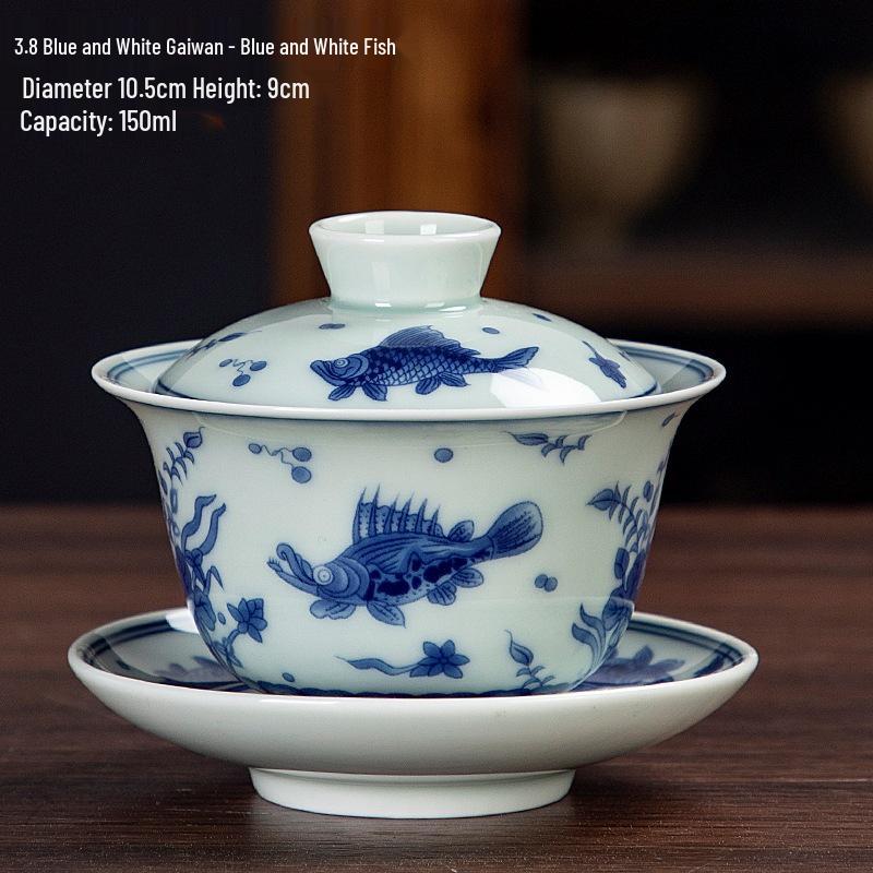 Large Blue & White Retro Sancai Gaiwan Ceramic Tea Cup with Infuser - Kung Fu Tea Set