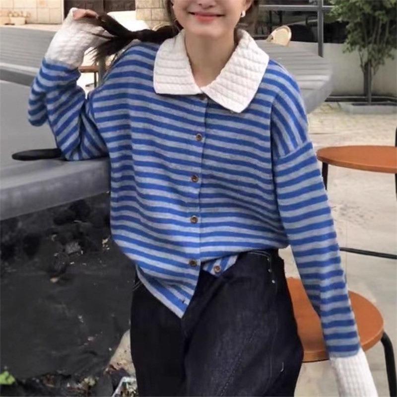 Striped polo neck long-sleeved sweater knitted sweater women's early autumn lazy and relaxed wearing jacket top