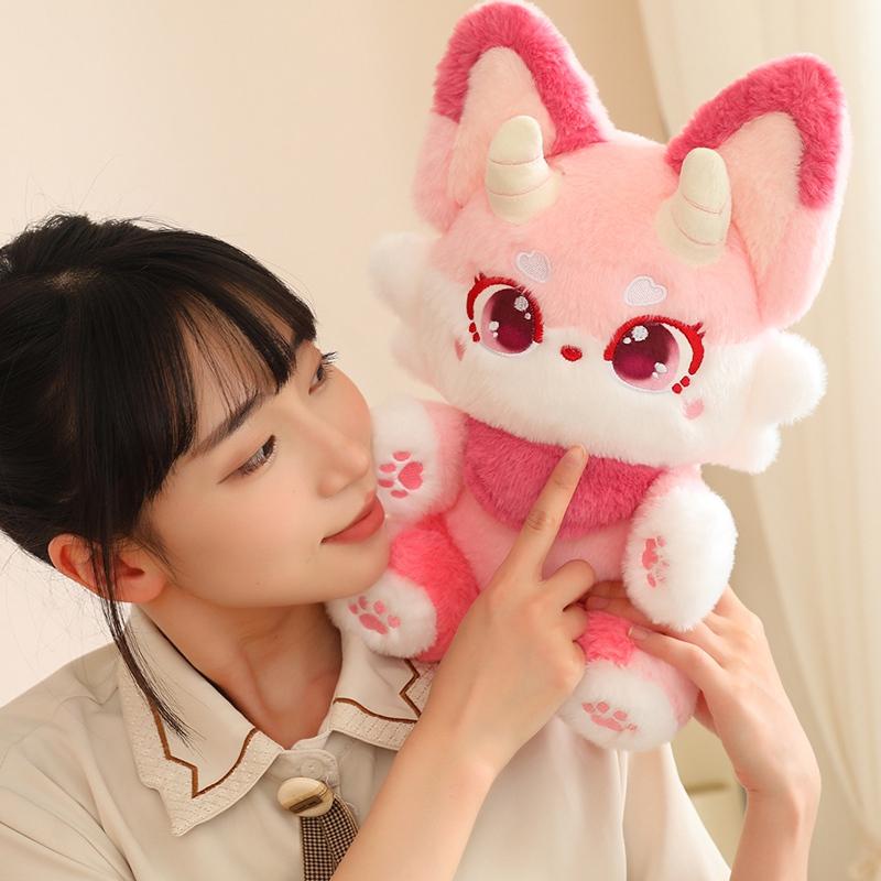 Myth Fairy Fox Plush Toy Stuffed Dragon Horn Pink Foxes Plushie for Kids Birthday Gift for Girl Hug Cushion Throw Pillow