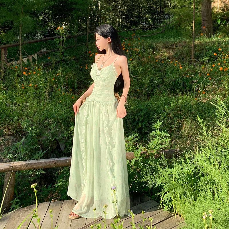 Französisches Urlaubs-Blumen-Latzkleid Feen-Sommerkleid Rüschenkanten-Design Super Feenhaftes Temperament Langes Kleid