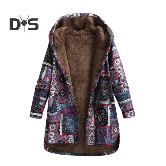 

Женская флисовая куртка осень-зима с этническим принтом, куртка с капюшоном, теплая верхняя одежда с длинным рукавом, пальто с пуговицами спереди для повседневной носки и активного отдыха на свежем воздухе M фиолетовый