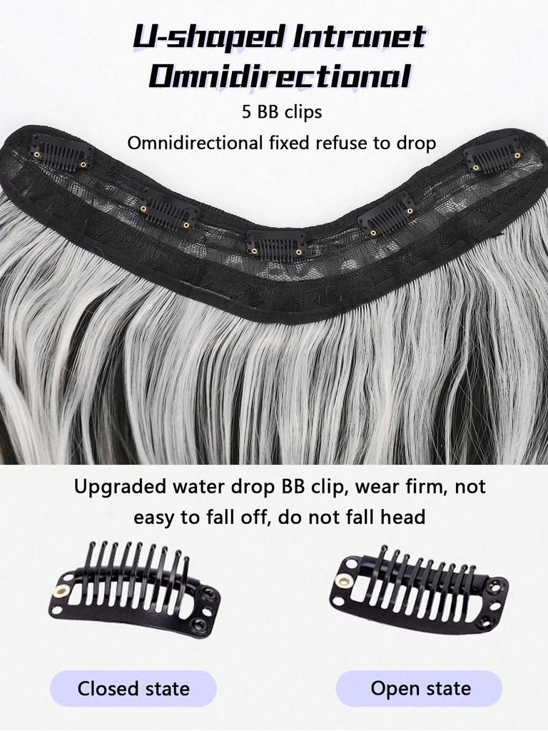 One Piece U-Shaped Hair Extensions Piece Long Wavy Curly Hairstyle Synthetic Highlight Gray Hairpieces Heat Resistant