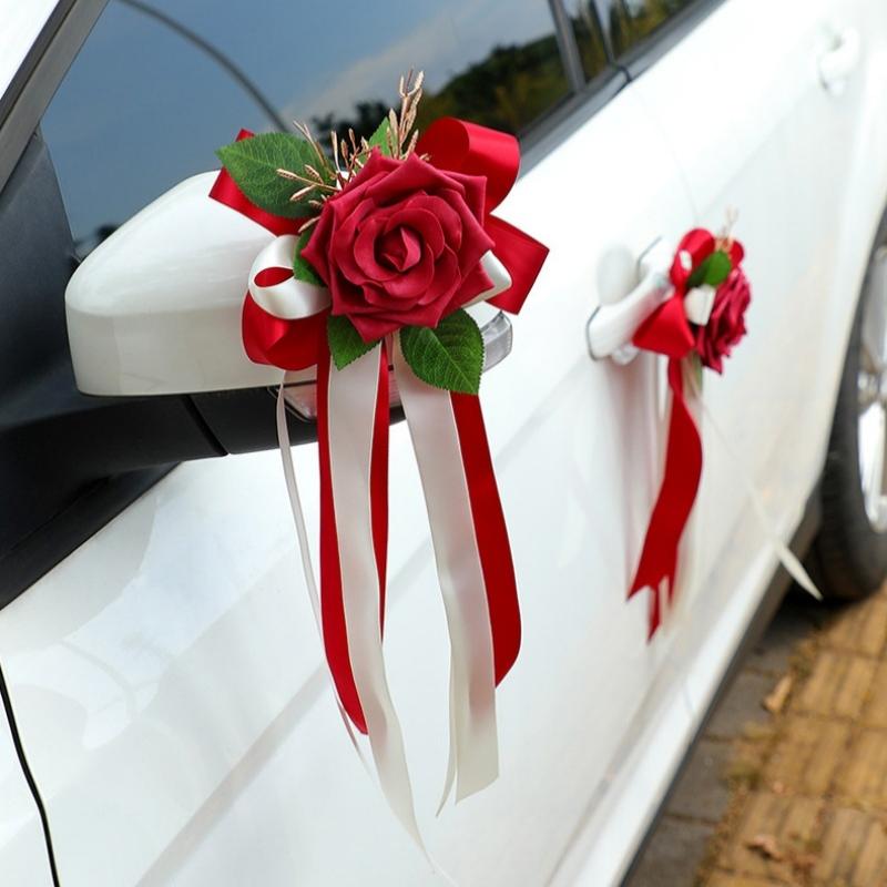 Wedding Car Rearview Mirror Decoration 1Pcs Retro Flower Bow Handle Decor Elegant Bridal Vehicle Accessory Ceremony Scene