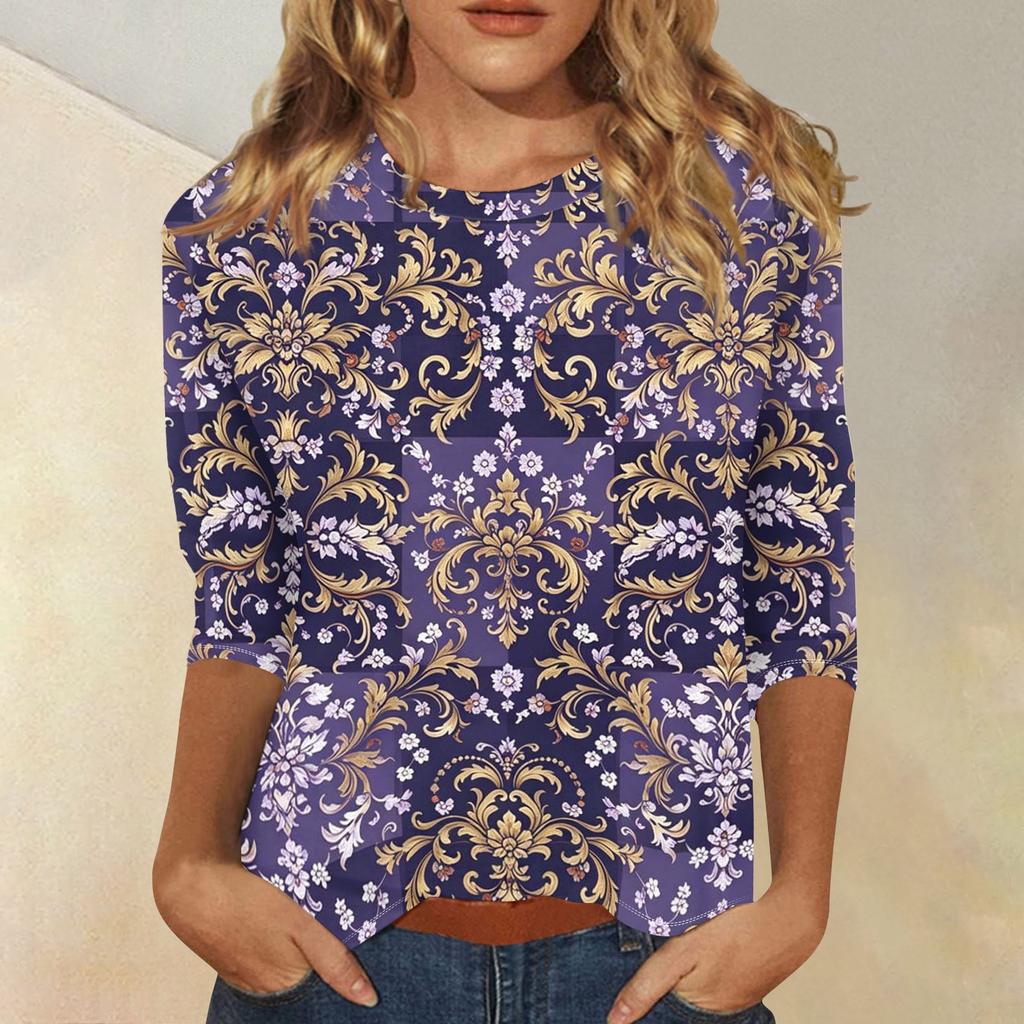 Women's Casual Three Quarter Sleeve Floral Print Top Round Neck Blouse Lightweight Comfortable Fit Suitable for Everyday Wear