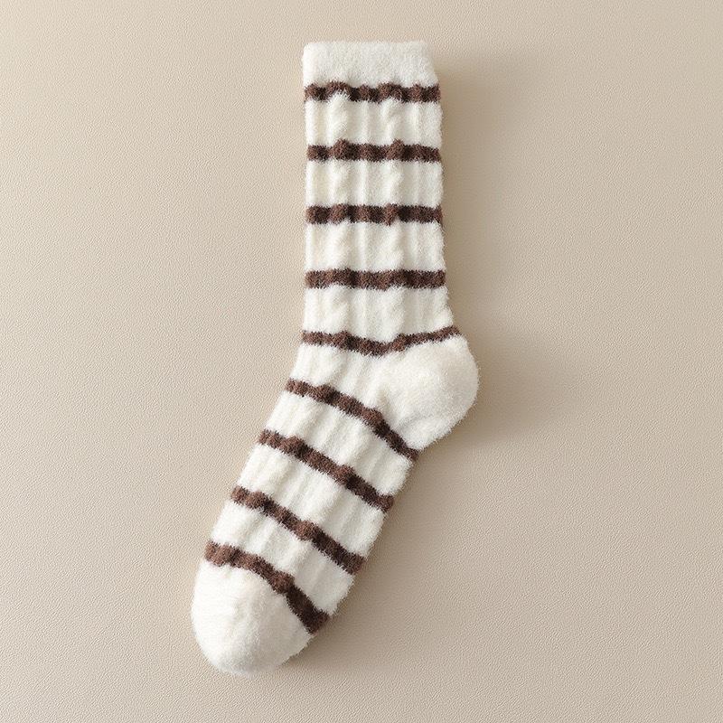 Plush socks women's autumn and winter Maillard color warm plush thickened plush striped medium tube socks home sleeping socks