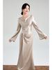 Luxurious Custom French Acetate Asymmetrical Satin Gown with Swing Neck and Flared Long Sleeves