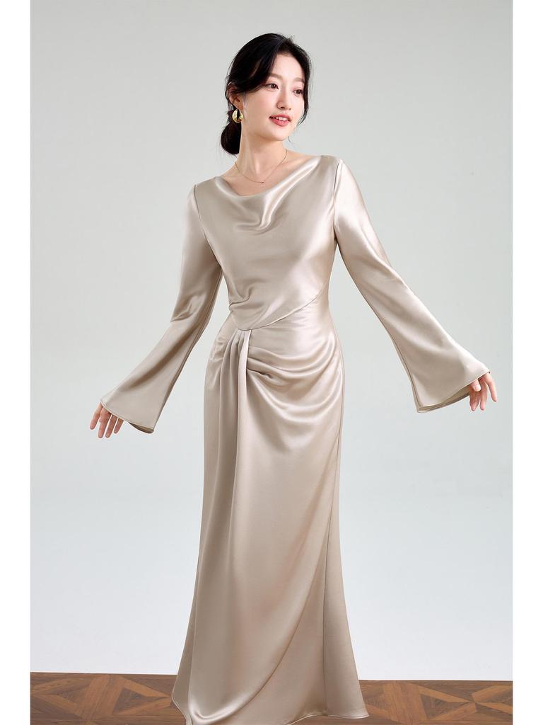 Luxurious Custom French Acetate Asymmetrical Satin Gown with Swing Neck and Flared Long Sleeves