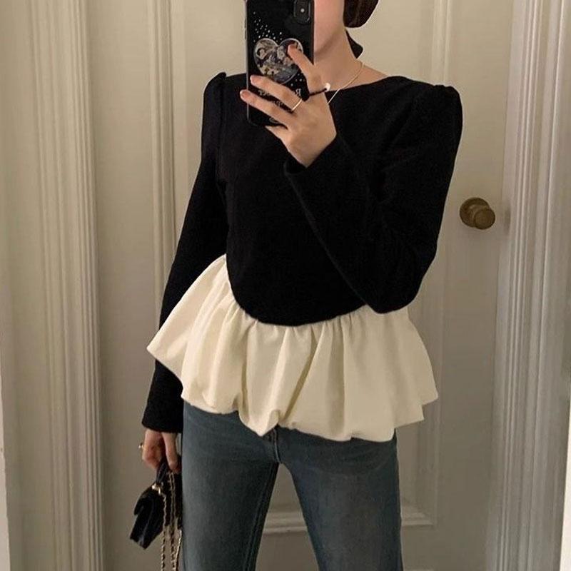 O-Neck Elegant Backless Blouse Women's Contrasting Colors Spliced Ruffles Spring Autumn Long Sleeve Waist Shirt