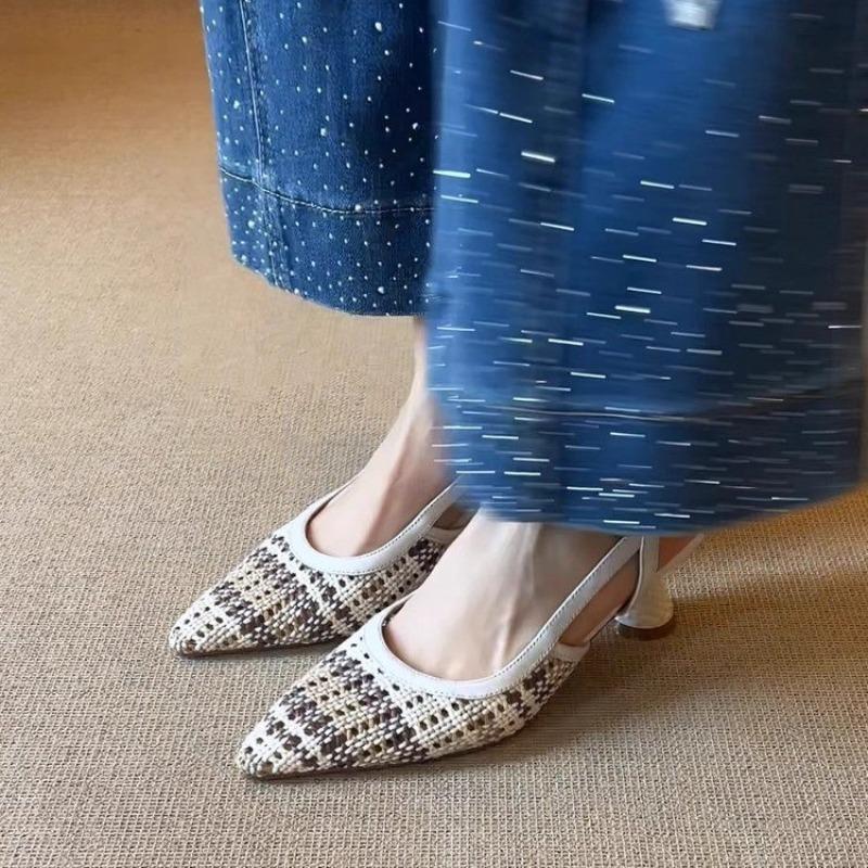 Fashion Retro Style Fashion Simple Comfort Pointed Toe Low Heel Sandals Baotou Woven Color Block One Strap Outside Wear High Heels