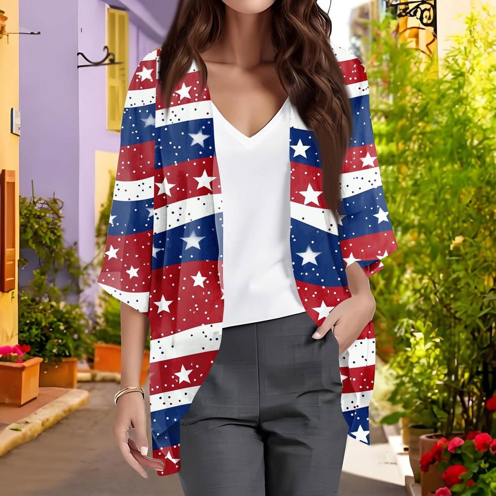 Ladies Fashion Loose Casual Print Beach Holiday   Sleeve Chiffon Cardigan