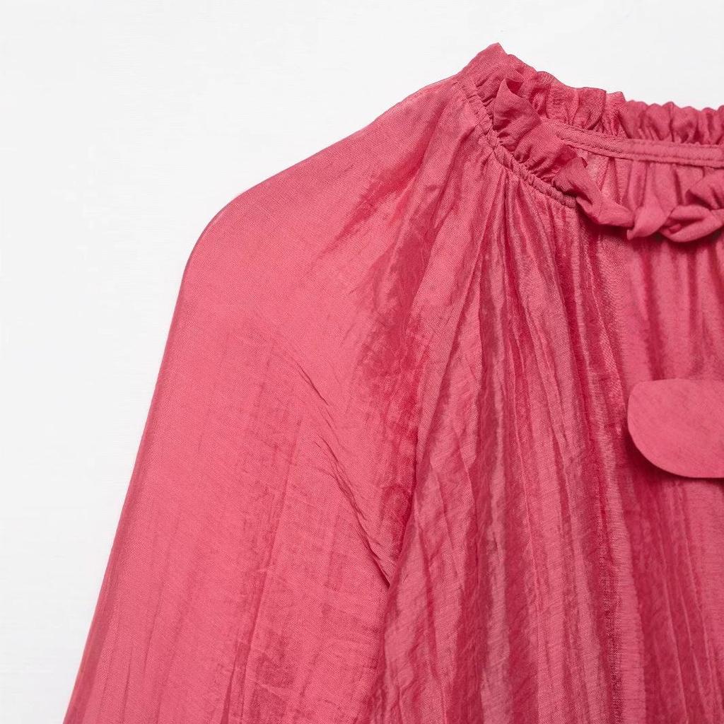 ZA Women's 2025 Spring European & American Style Crinkle Ruffle Stand Collar Short Top and Midi Skirt Set