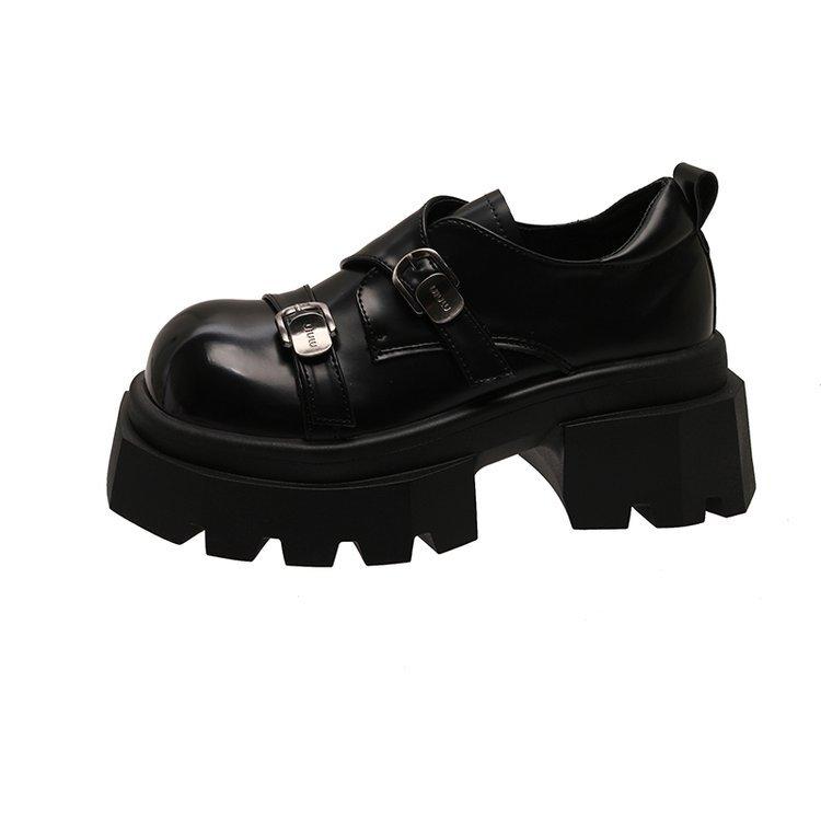 Amano leather thick-soled Amiu double buckle with round head British style single thick-soled loafer small leather shoes single shoes women