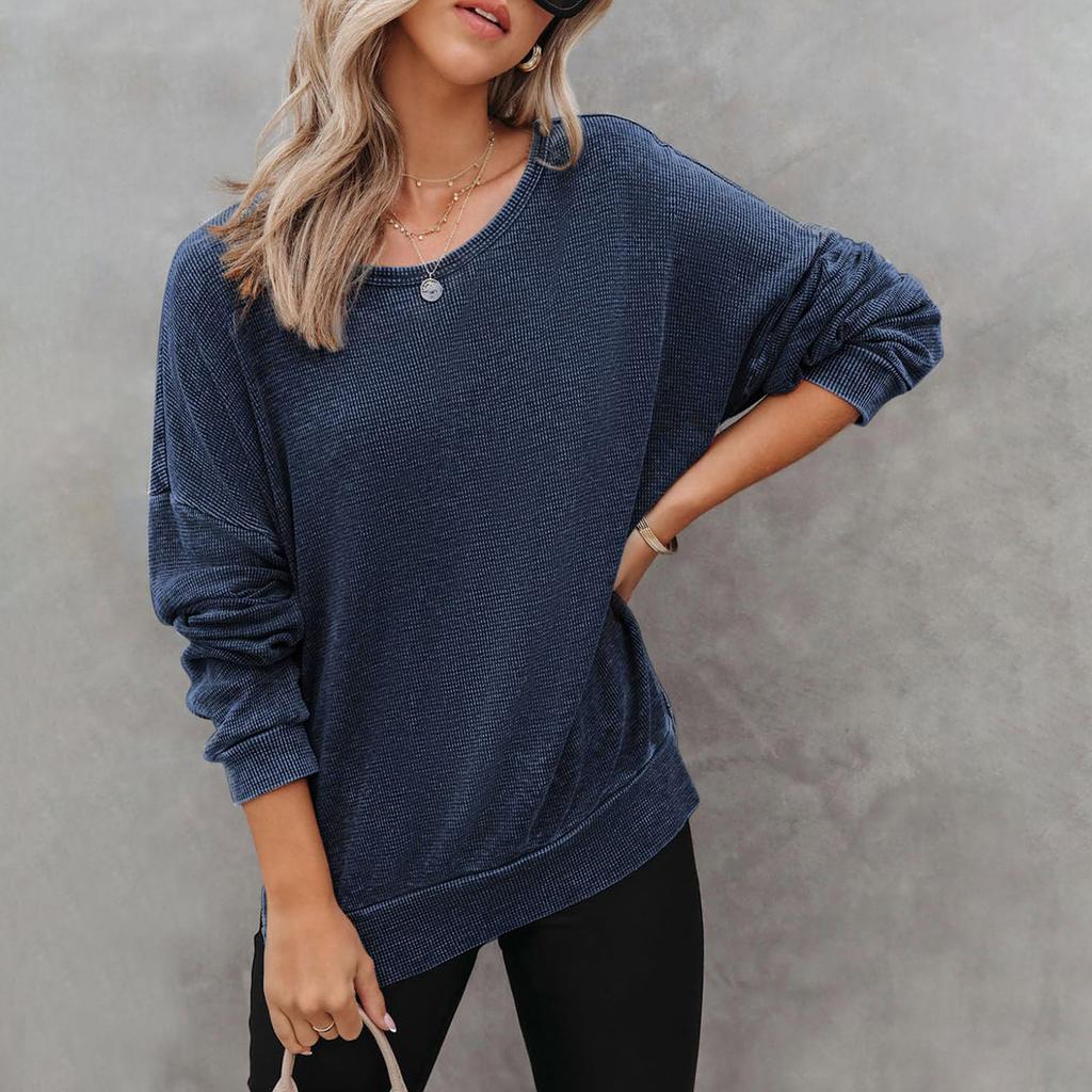 Women's Loose Fit Round Neck Long Sleeve Side Slit Knit Sweatshirt