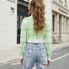 Womens Cropped Knit Cardigan Plaid Striped Streetwear V-Neck Long Sleeve Slim Fit Fall Winter Casual Top