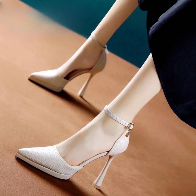 Baotou Sandals Lady 2025 Summer New Temperament Women Shoes One Line Buckle Crystal 11cm Heel Fashion Pointed High Heels Shoes