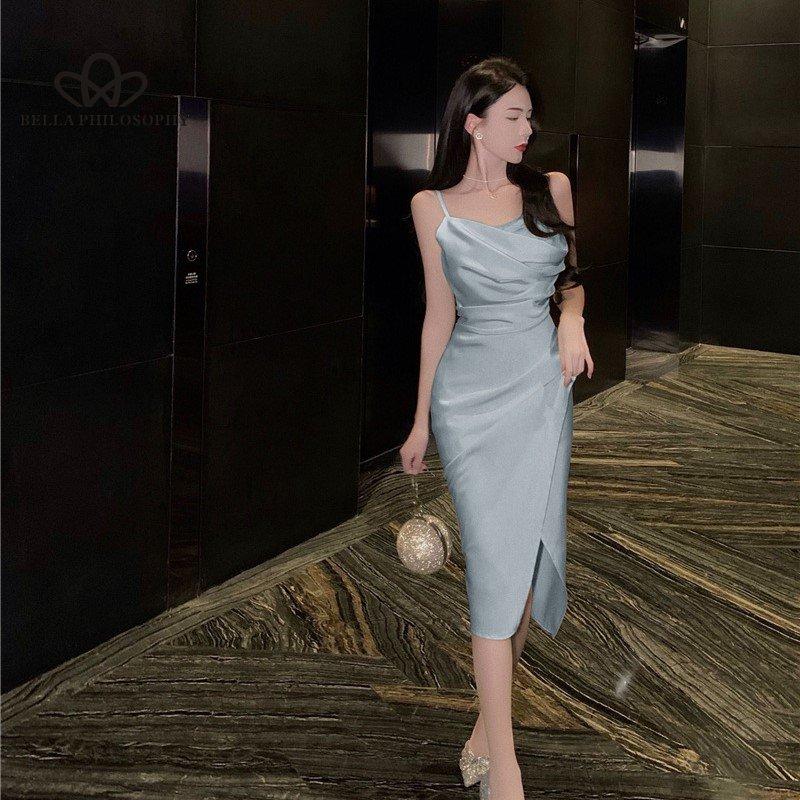 Französisches blaues Trägerkleid aus Satin, schlankes, elegantes Damen-Sommer-Split-elegantes, lässiges, langes Kleid, Strand- und Urlaubskleid