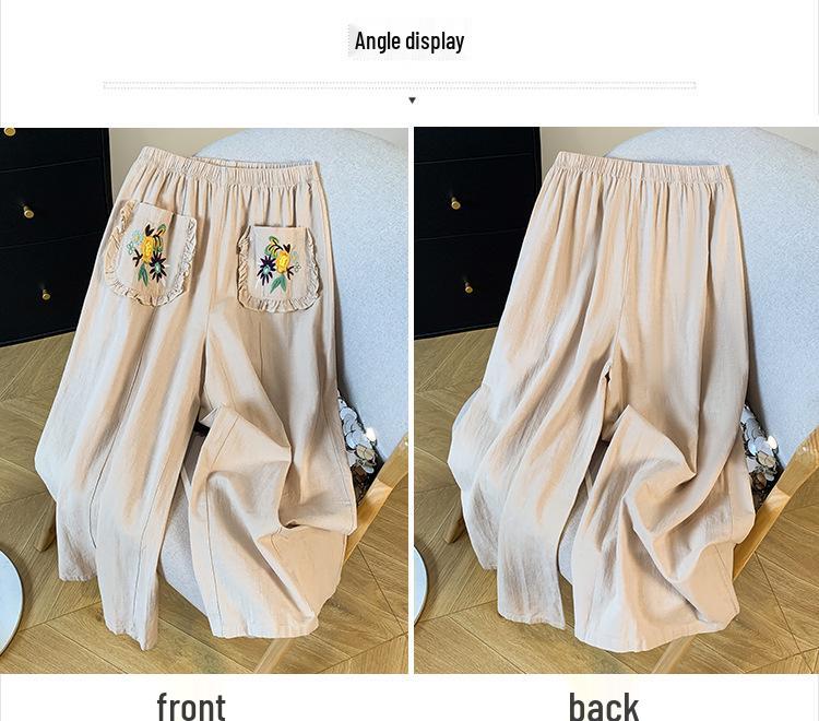 Japanese Mori Girl Embroidered Cotton Linen Wide-Leg Crop Pants - Summer Casual Wear for Women