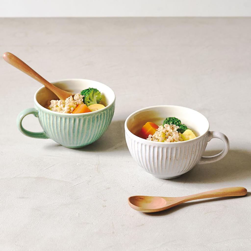 aito Seisakusho [Ripple] Soup Cup Set of 2 Pair with Wooden Spoon Approx. 410ml BeigeGreen Mino Ware Dishwasher Microwave Safe 266349