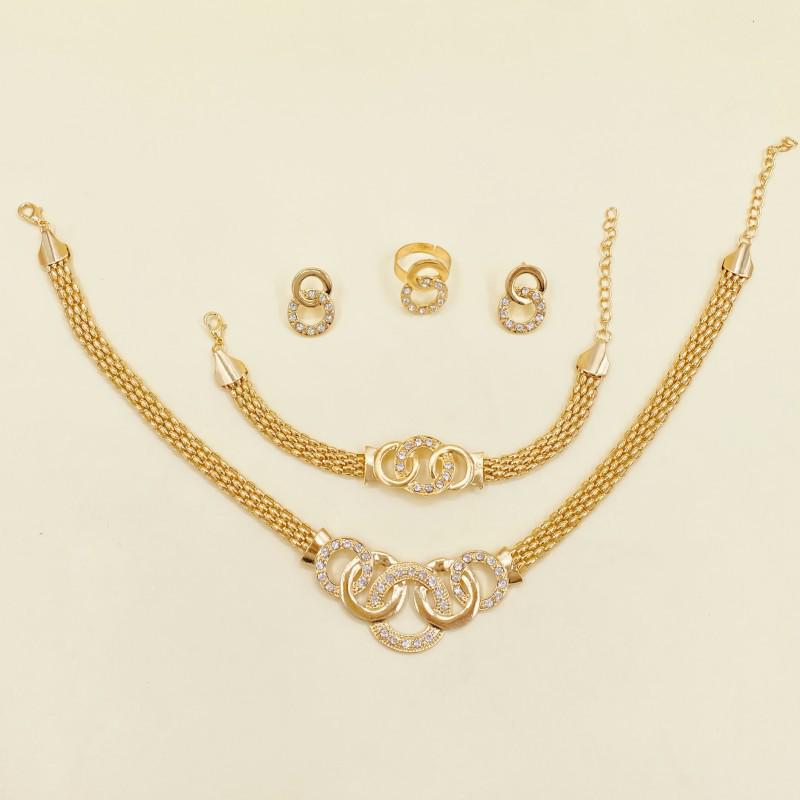 European & American Vintage Jewelry Set: Five-Ring Necklace, Stud Earrings, Bracelet, & Ring - Four-Piece Collection