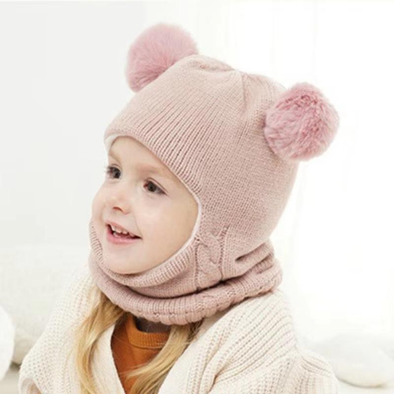 

Double Plush Ball Children One Piece Scarf Cap Cute Baby Ear Protection Hat 1-6year Kids Hooded Beanies Winter Warm Neckerchief