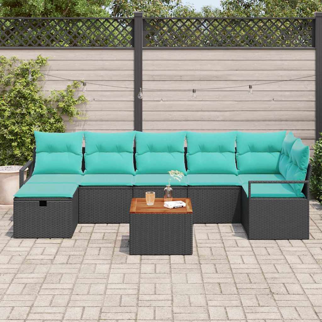 8 Piece Black Poly Rattan Garden Sofa Set with Cushions