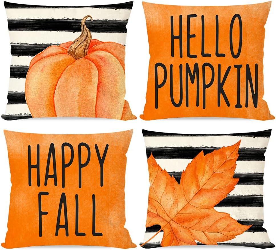 Fall Pillowcase 4pcs Thanksgiving Sunflower Orange Pumpkin Buffalo Plaid Farmhouse Decorative Throw Pillowcase for Home Sofa 4PCS