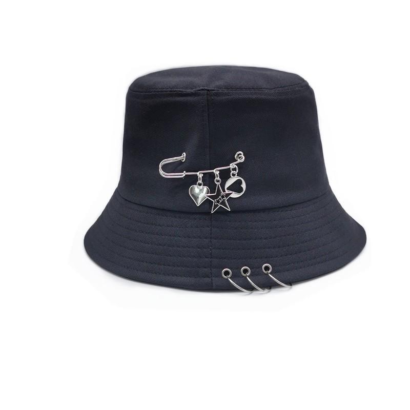 Bucket Hat Women Men Unisex Folding Fisherman Hat Black Metal Ring Flat Top Hip Hop Hats For Women Summer Solid Color Gorro New
