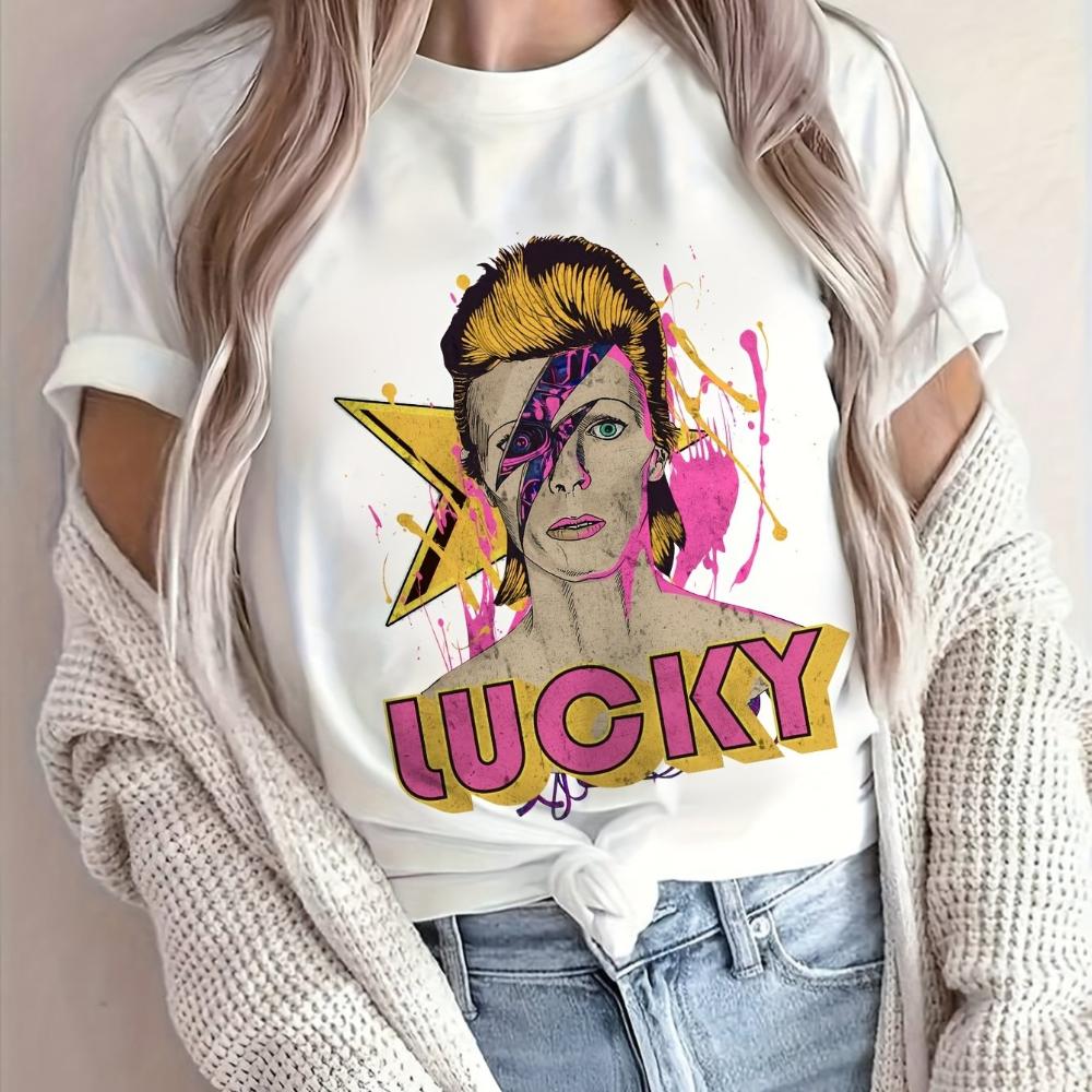 Womens Vintage Bowie Face Lettering Print TShirt Soft Breathable Retro Rock Tee with Iconic Portrait Casual Short Sleeve Top S