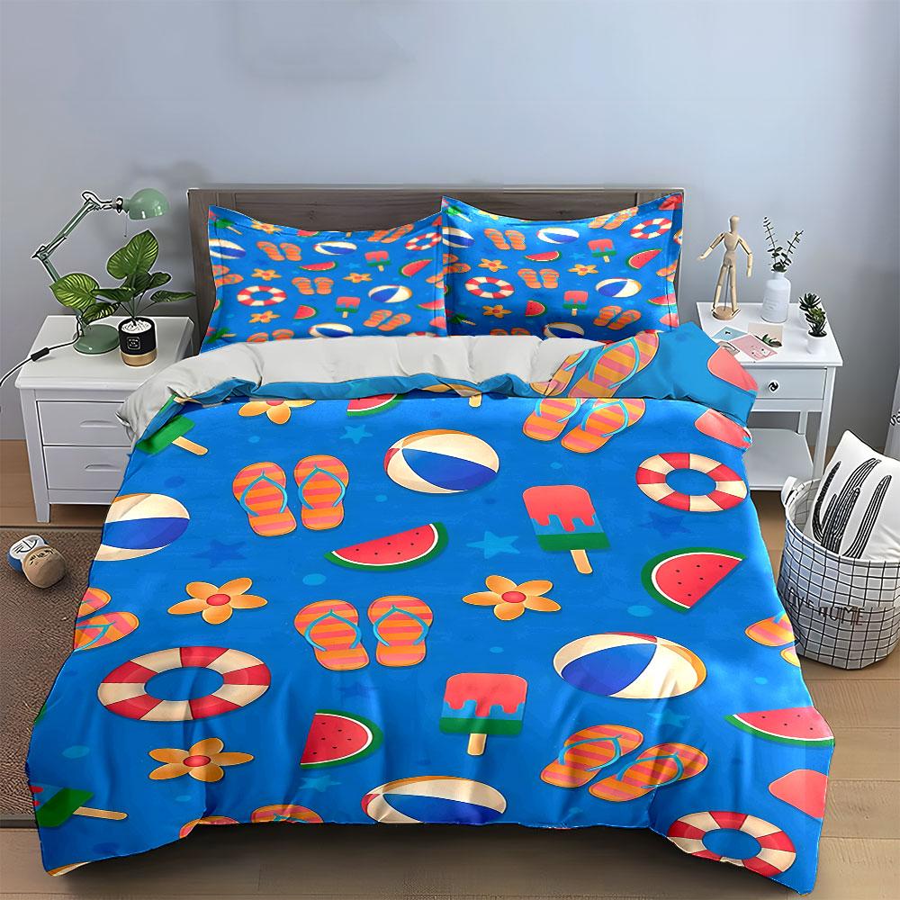 Flip-flops, beach balls, flowers. Bedding sets Duvet cover sets Duvet covers Pillowcases(1 * Duvet Cover 2 * Pillowcases without duvet insert)