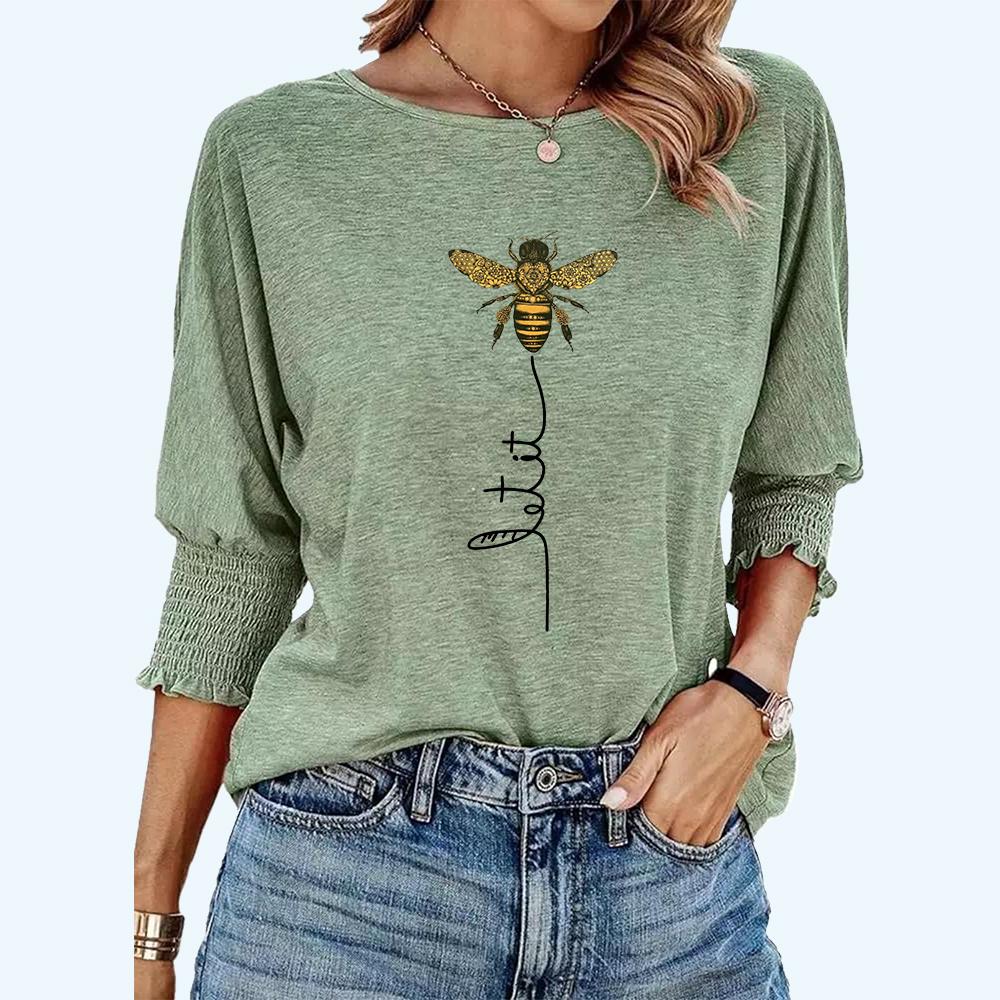 Plus Size Women's Fashion Round Neck Tee Shirt Spring&summer Casual Bee Print Loose T-Shirt