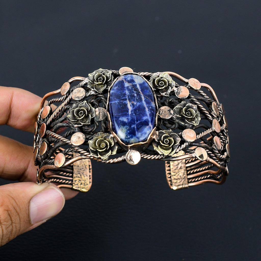 Sodalit Ädelsten Ren Koppartråd Lindad Handgjord Manschett/Armring Justerbart Smycke