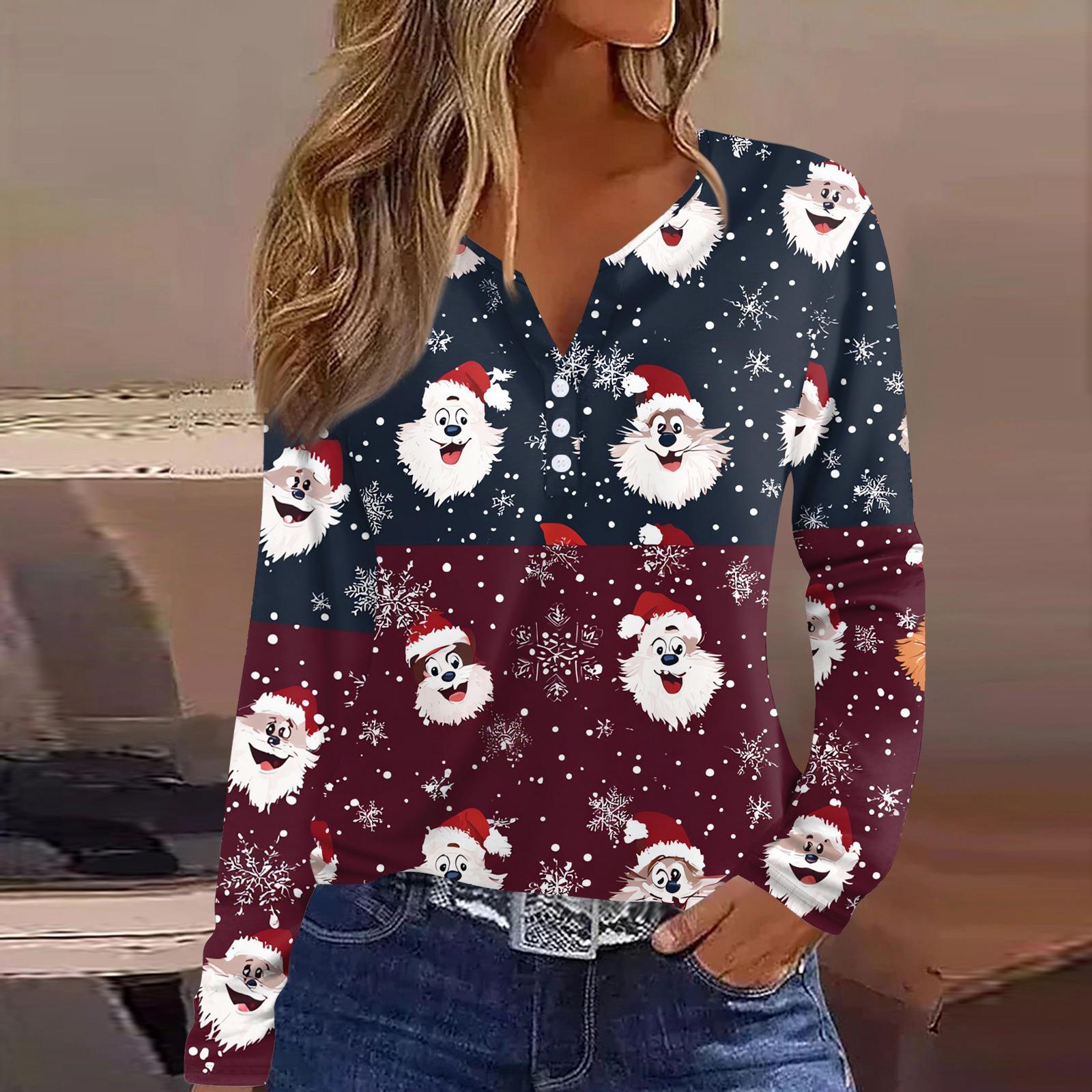 

Женская футболка Футболка Рождественский принт Пуговица Длинный рукав Туника Повседневная Мода для выходных Базовая С V-образным вырезом Обычный топ XXL