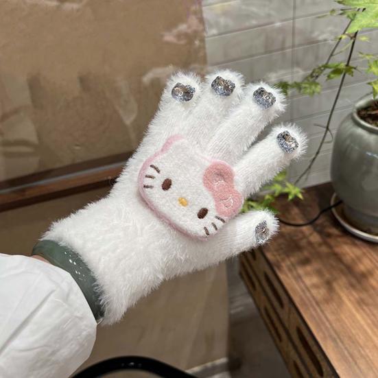 Dziewczęce kreskówkowe rękawiczki z kotkiem, urocze pluszowe rękawiczki z kotem, puszyste ciepłe rękawiczki z cyrkoniami w kształcie głowy kota dla kobiet na zimę, do codziennych sprawunków