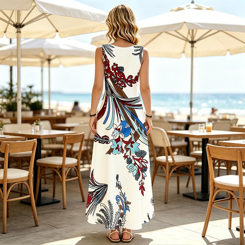 U-Neck Sleeveless Floral Maxi Dress,Lightweight Flowy Spring Fall Layering Dress,Elegant Women's Dress for Daily & Casual Occasions