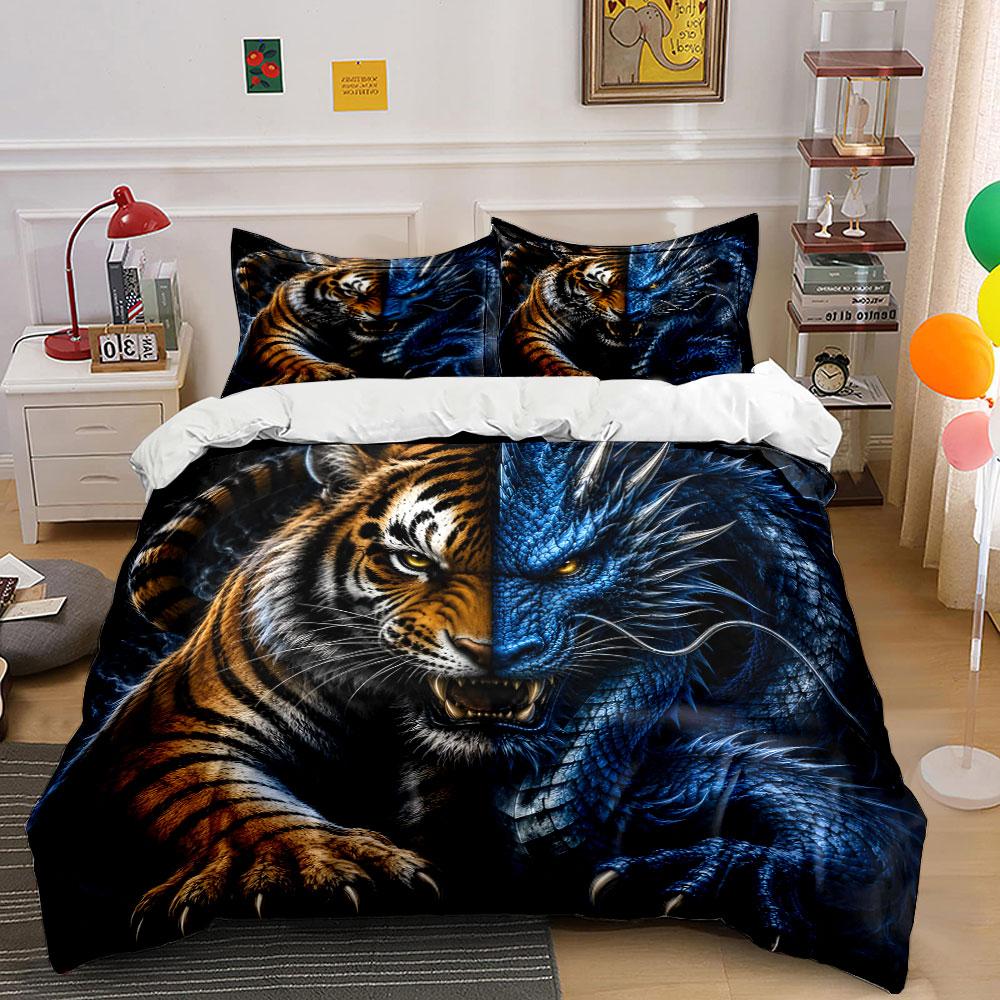 Tiger and Dragon Clash Design Bedding Duvet Cover Set (1*Duvet Cover 2*Pillowcases, Without Duvet Insert)