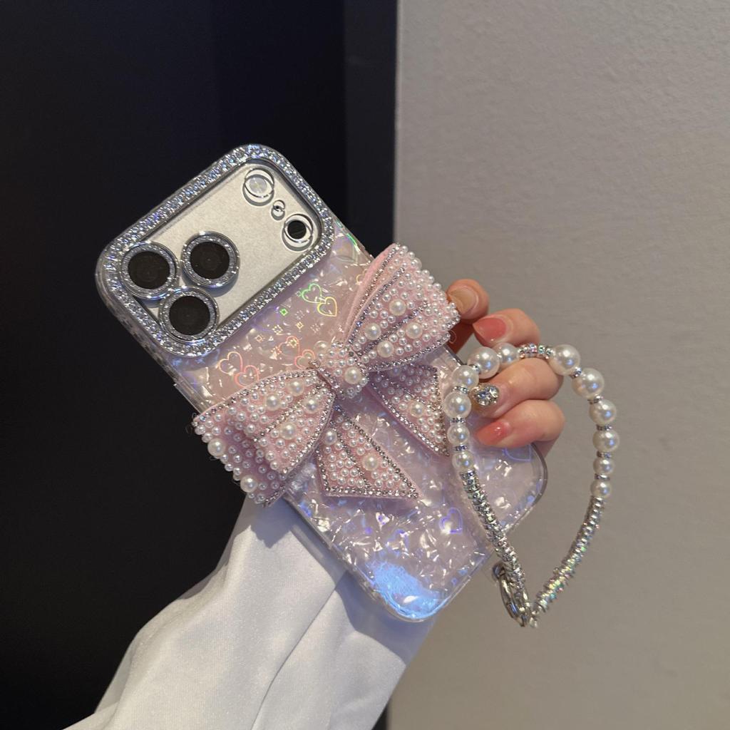 Porous Love Shell Pattern Phone Case for Apple 17PROMAX/15, Material 11/14, with Bow Accessory.