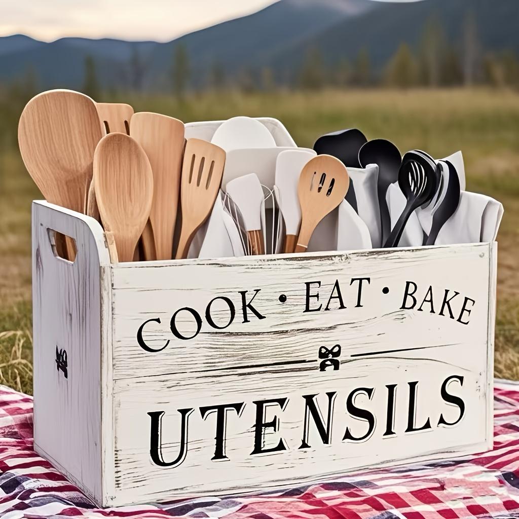 Large Wooden Utensil Holder 3-Compartment Countertop Organizer for Kitchen Tools, Heavy-Duty Wall-Mount Rustic Storage Rack